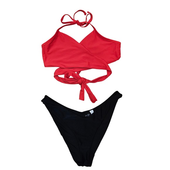 Aerie Hot Pink Wrap Halter Top & Black High Cut Cheeky Bikini Swimsuit Set XL - Picture 1 of 3